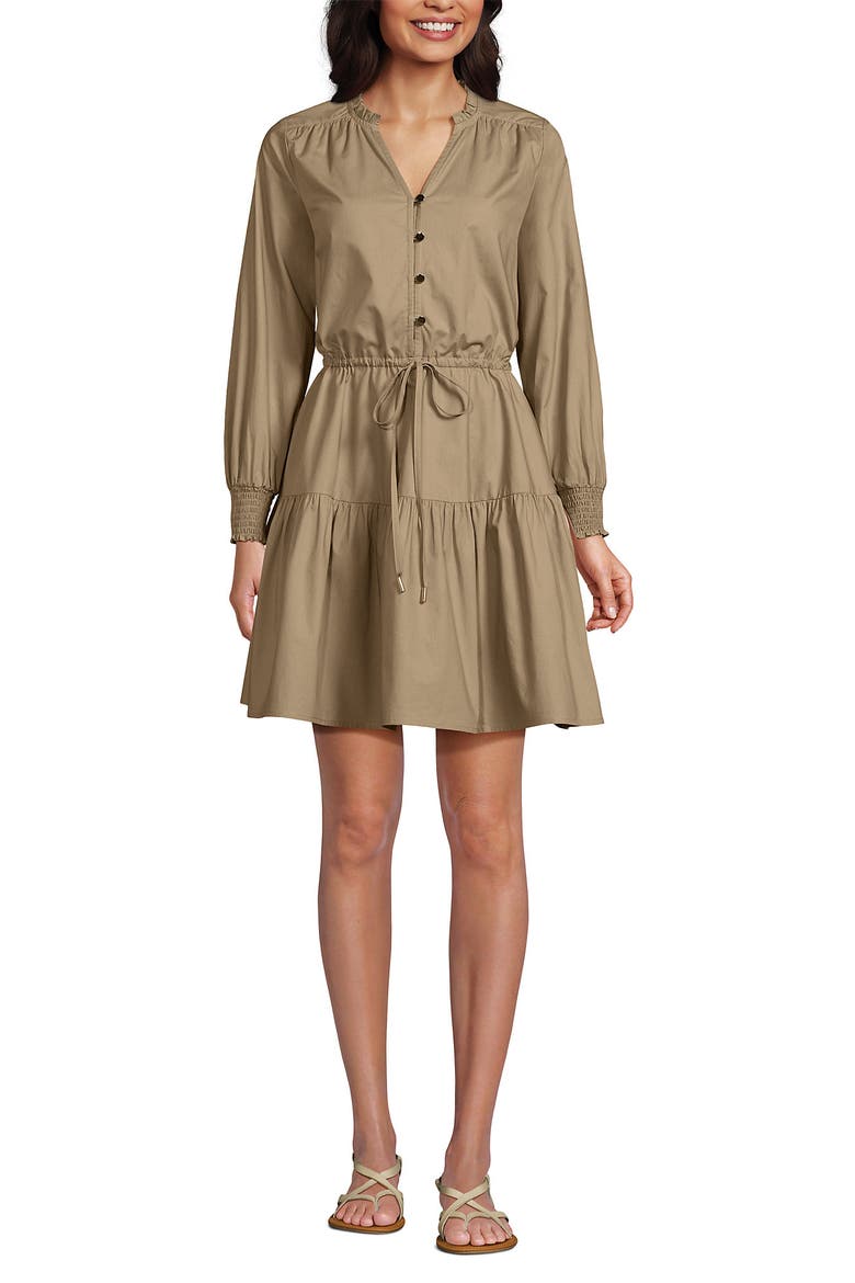 Long Sleeve Cotton Poplin Mini Popover Dress, Alternate, color, Desert Tan