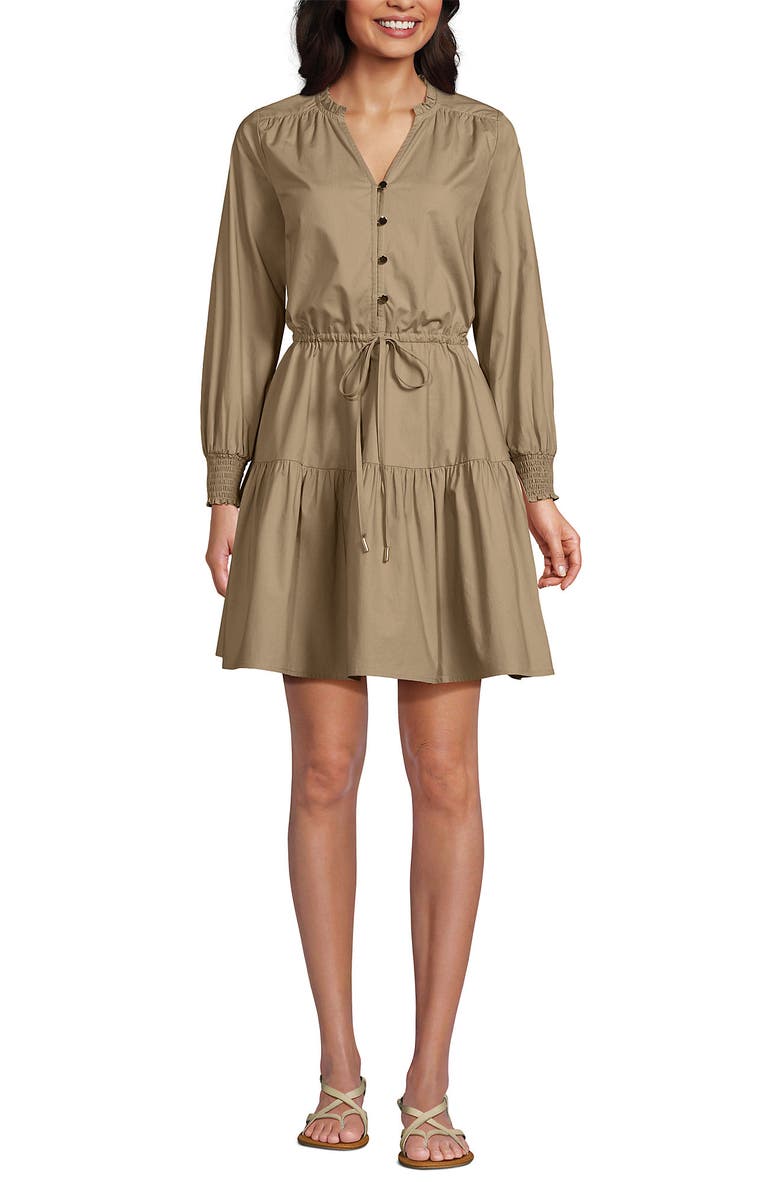 Lands' End Long Sleeve Cotton Poplin Mini Popover Dress, Alternate, color, Desert Tan