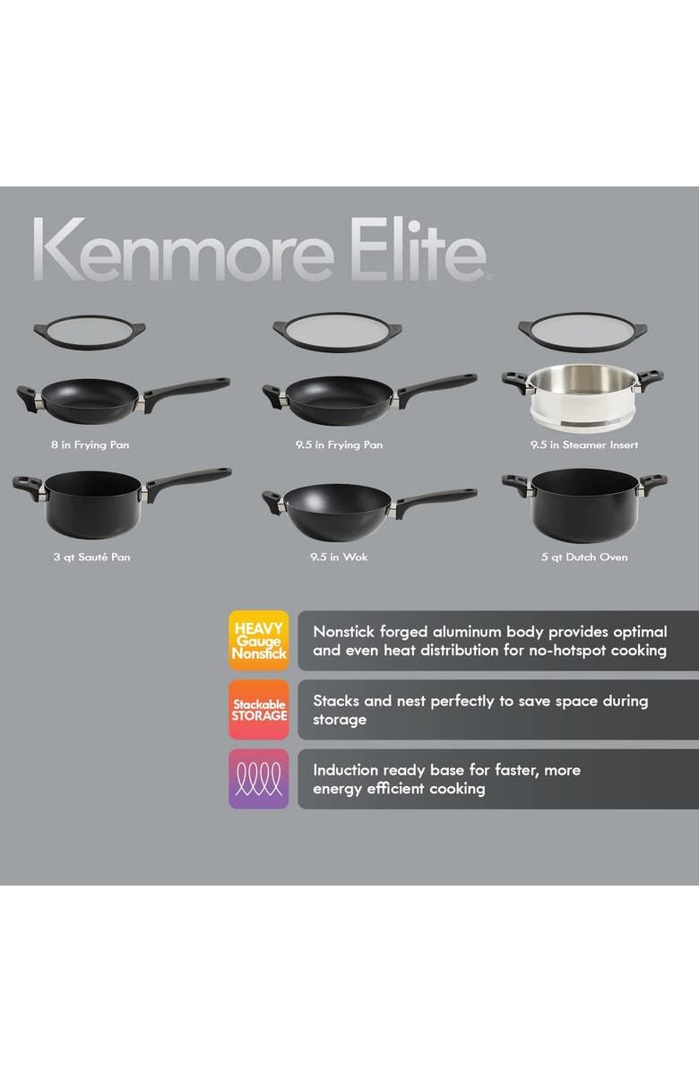 Kenmore Elite Grayson 9 Piece Nonstick Aluminum Stackable Cookware Set, Alternate, color, Black
