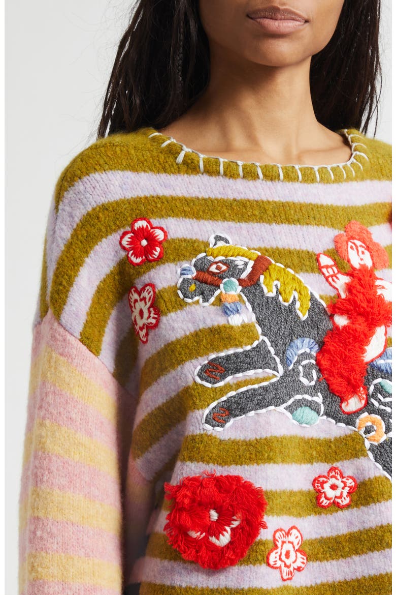 Lunar New Year Horse Embroidered Wool Blend Sweater, Alternate, color, LILAC/ OLIVE