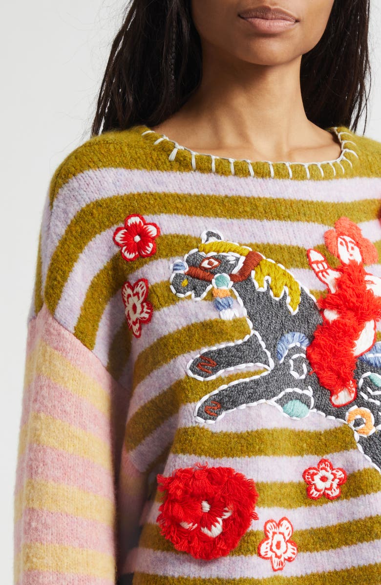 YanYan Fuzzy Horse Embroidered Wool Blend Sweater, Alternate, color, Lilac/ Olive