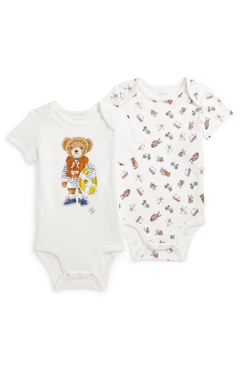 Ralph Lauren 2-Pack Polo Bear Cotton Bodysuits, Main, color, 
