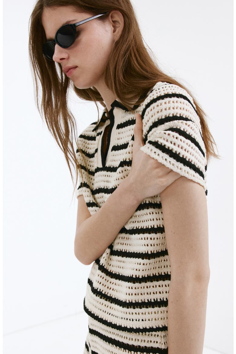 Striped Crochet Knit Polo, Alternate, color, OFF WHITE