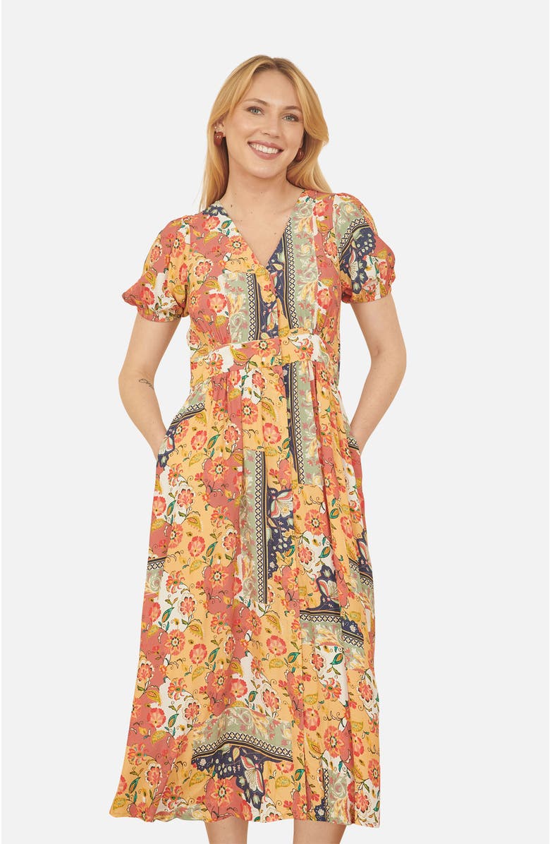Yumi Floral Patchwork Print Midi Shirt Dress, Main, color, Multi