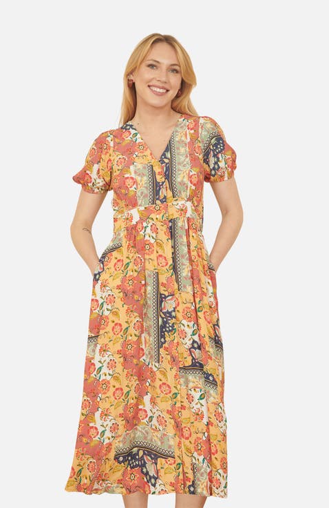 Floral Patchwork Print Midi Shirt Dress