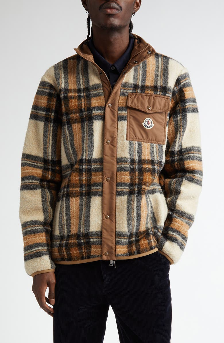 Moncler Plaid High Pile Fleece Snap-Up Jacket, Main, color, 