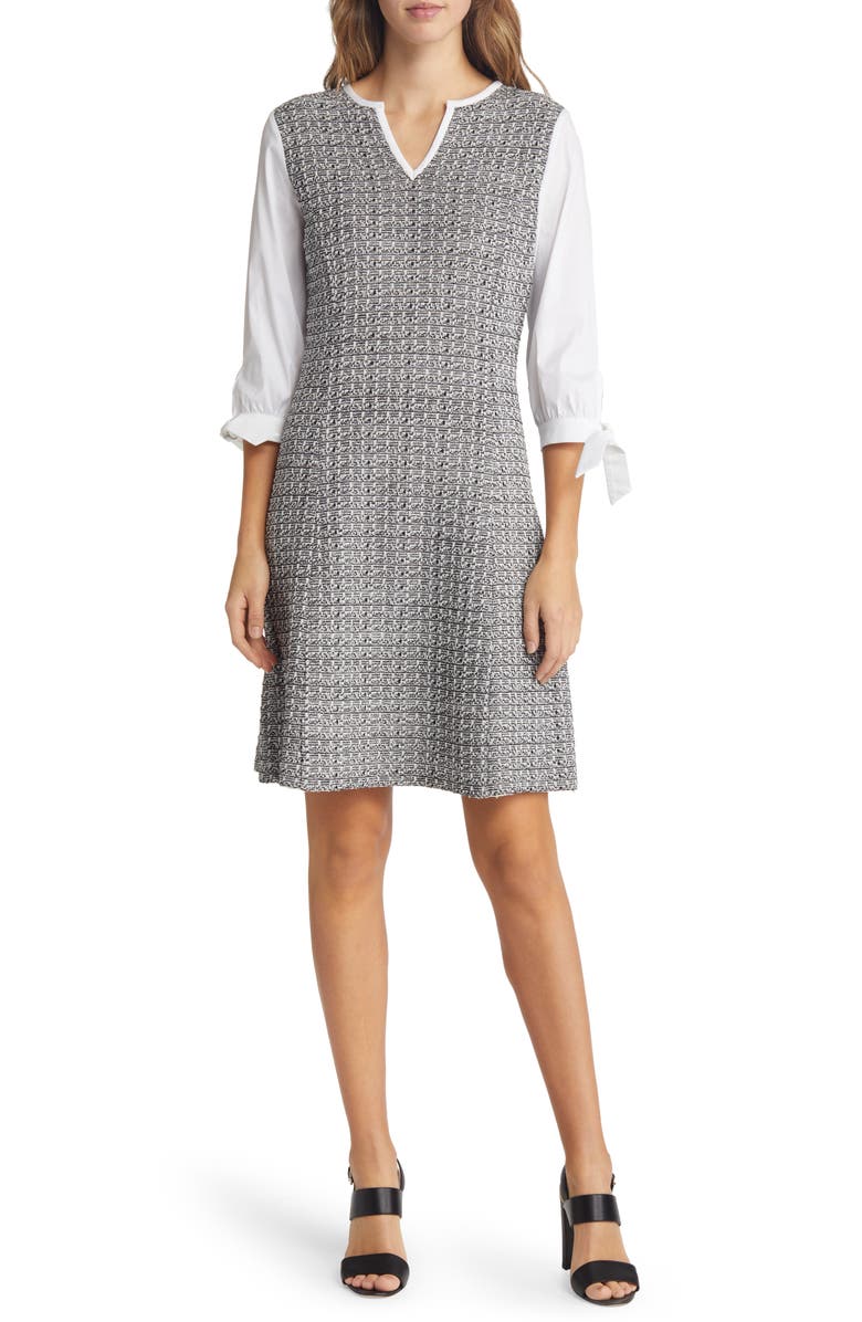 Ming Wang Contrast Sleeve Tweed A-Line Dress, Main, color,