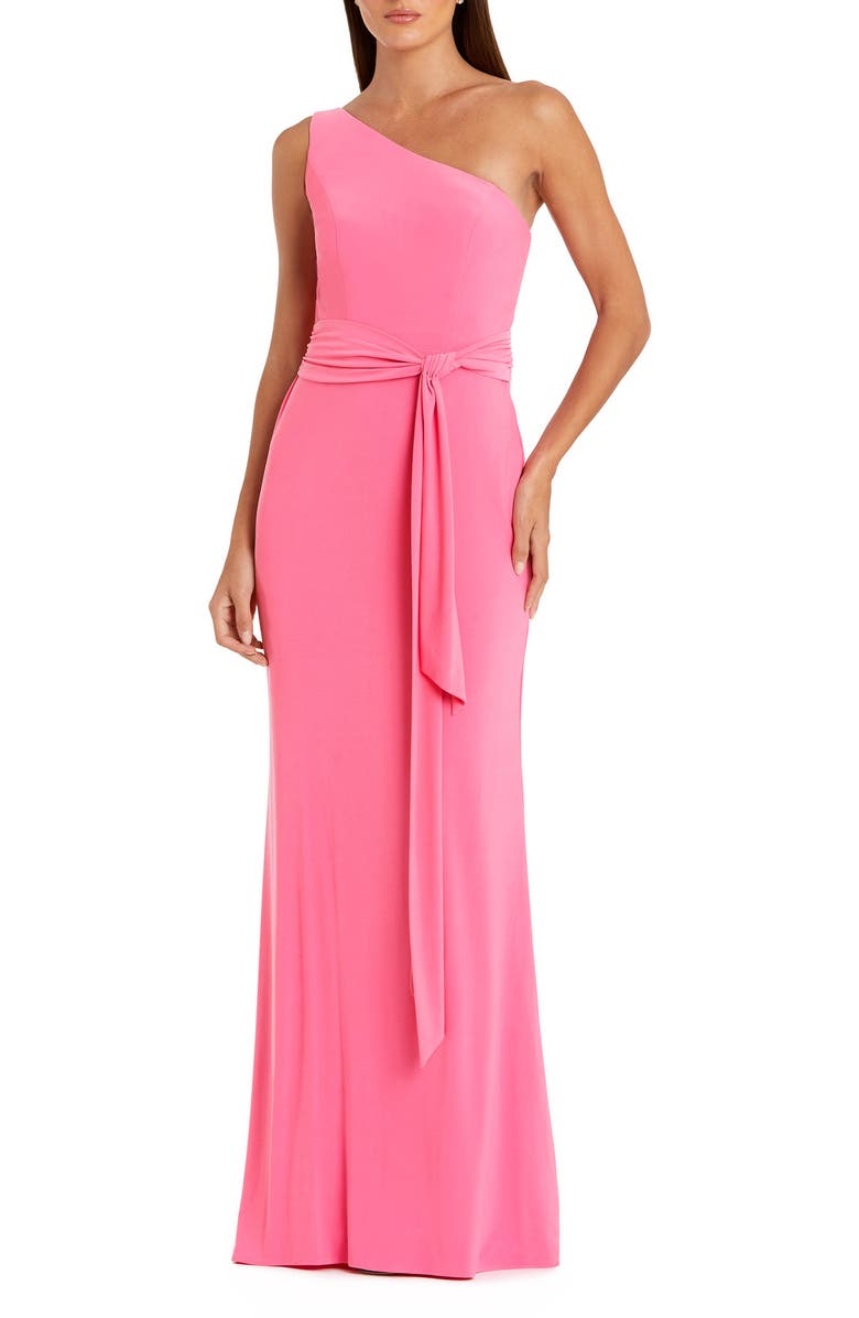 Mac Duggal Jersey One Shoulder Belted Trumpet Gown, Main, color, Candy Pink
