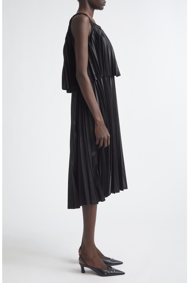 Pleated Satin Midi Dress, Alternate, color, BLACK