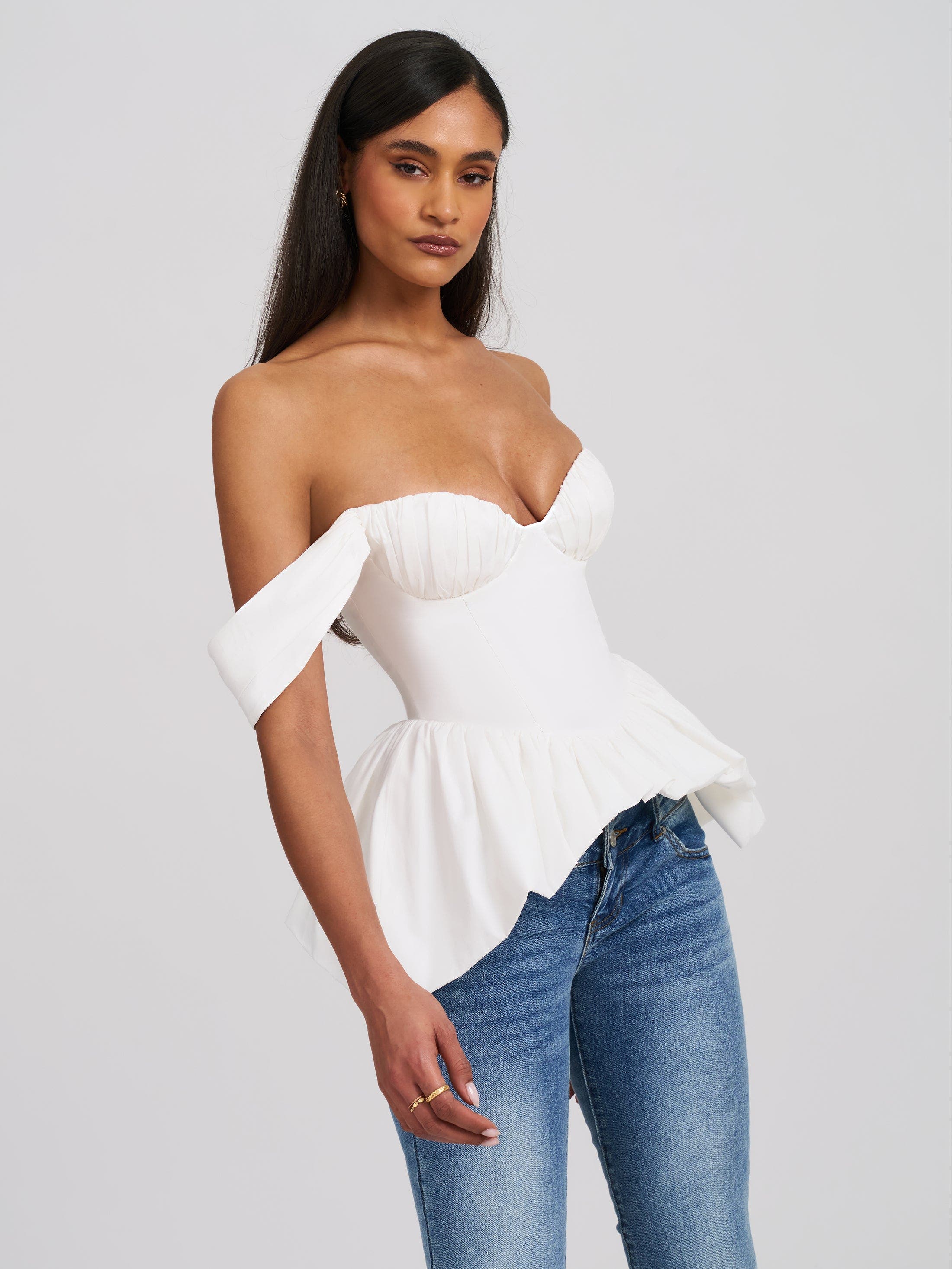 Miss Circle Qistina Off-shoulder Bubble Hem Peplum Cotton Top