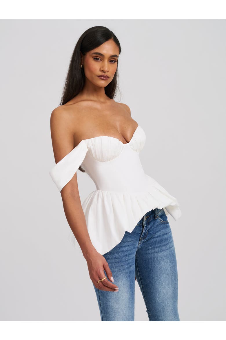 Qistina Off-shoulder Bubble Hem Peplum Cotton Top, Alternate, color, White