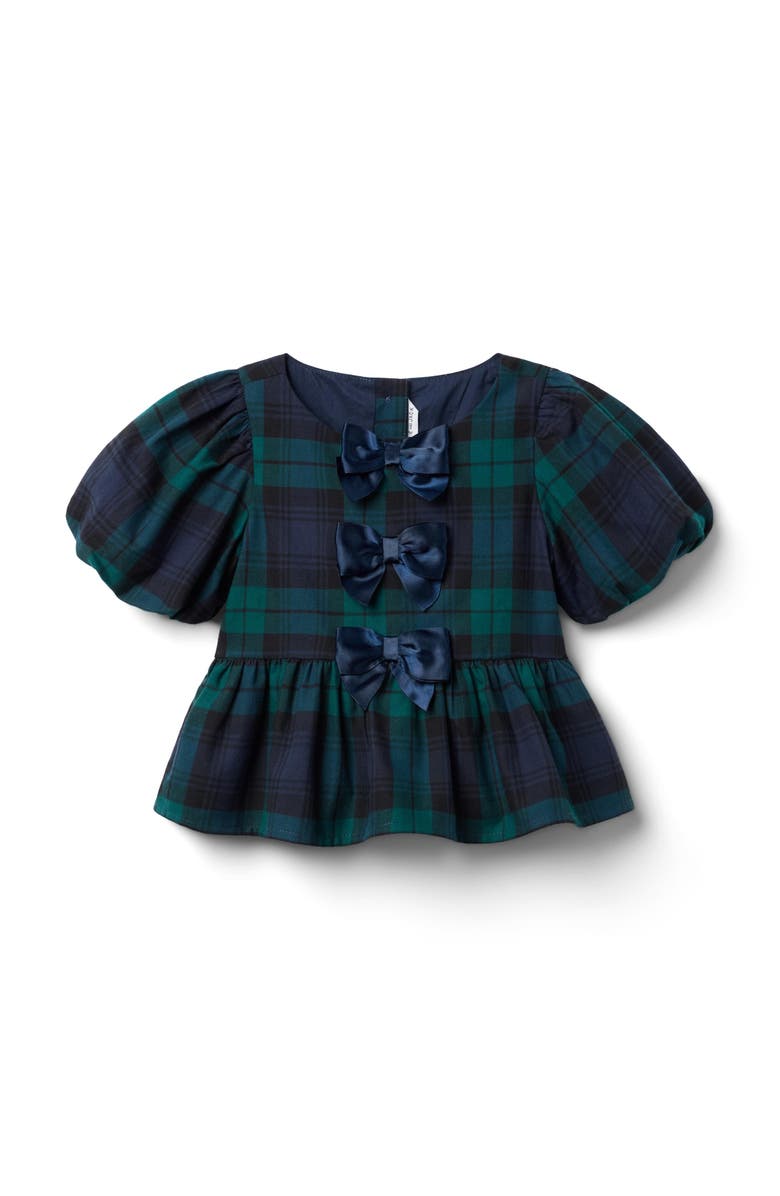 Janie and Jack Tartan Peplum Bow Top, Main, color, Blue
