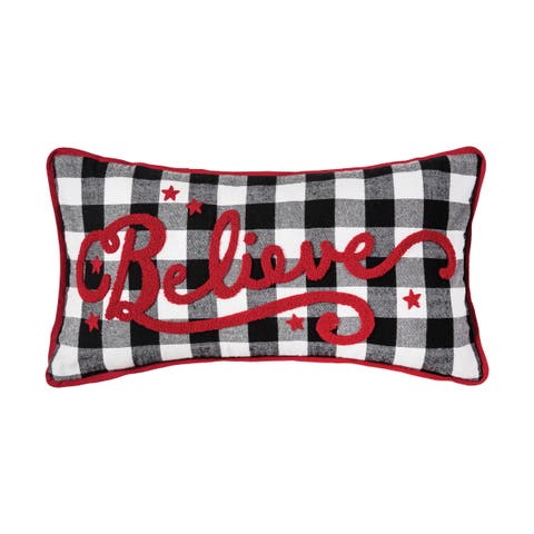 Franklin Red & Black Plaid "Believe" Cotton Blend Christmas Mini Accent Pillow 12" x 24"