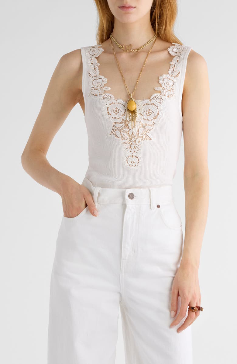 Chloé Guipure Trim Rib Fitted Cotton Jersey Tank, Main, color,