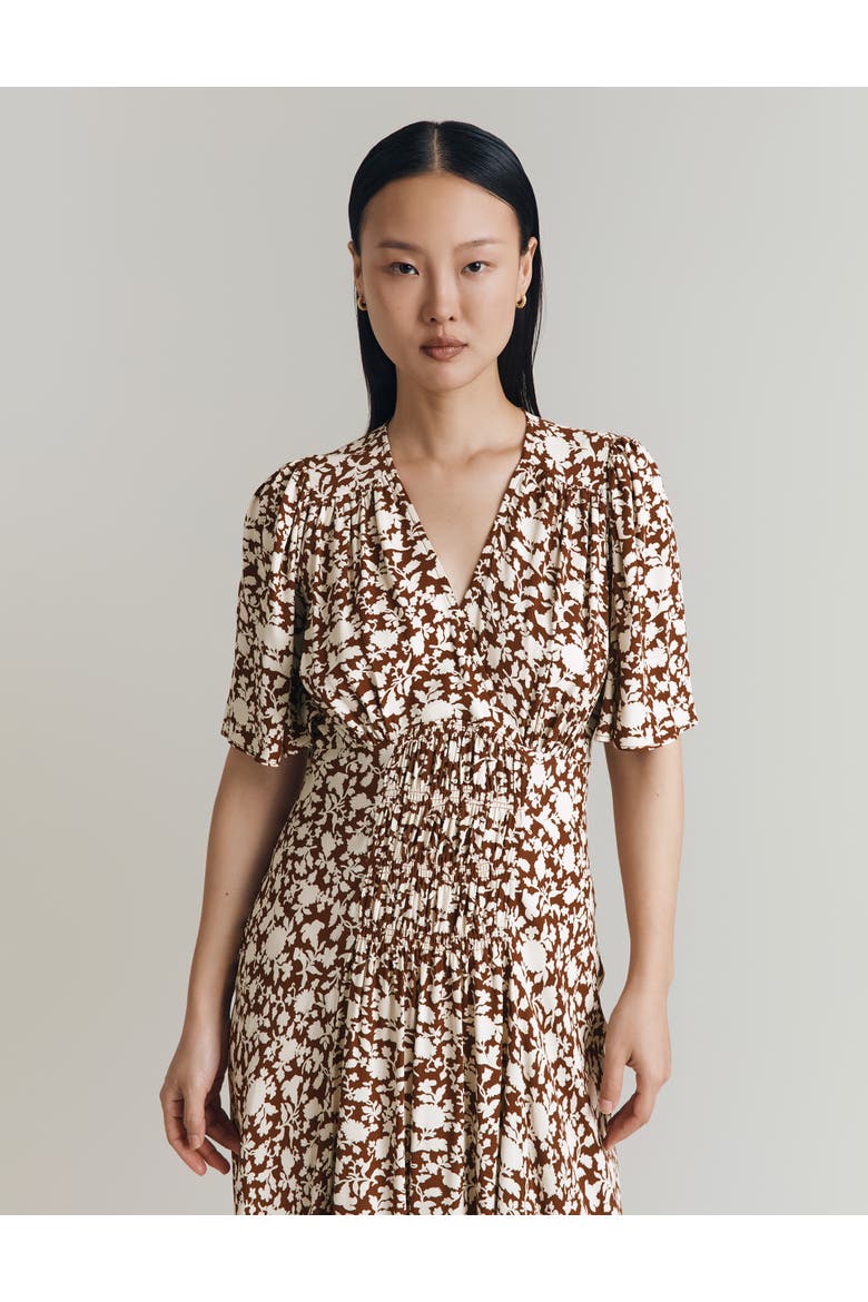 Minnie Crepe Printed Shirred Tea Dress, Alternate, color, Russet Floral
