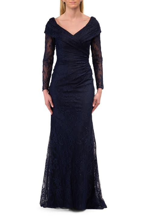 Lace Long Sleeve V-Neck Evening Gown
