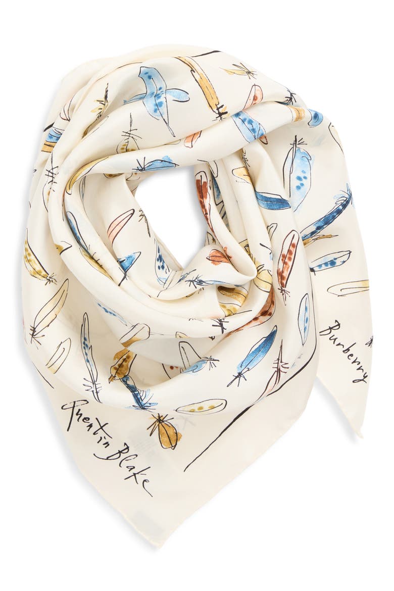 Feather Print Silk Scarf, Alternate, color, INK BLUE