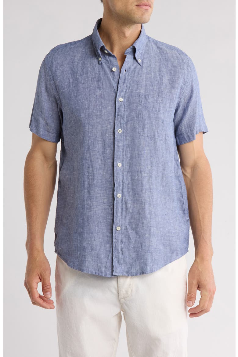 Sport Fit Linen Short Sleeve Button-Down Shirt, Main, color, DENIM BLUE