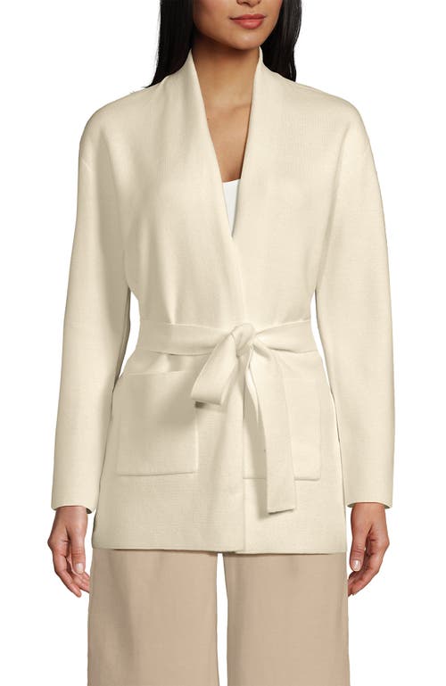 Lands' End Fine Gauge Milano Belted Long Line Cardigan Sweater In Fresh Ivory