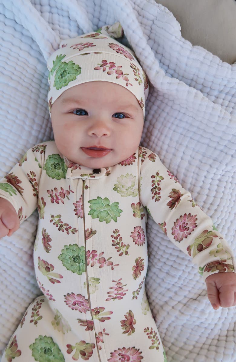 L'ovedbaby Print Organic Cotton Two-Way Zip Footie, Alternate, color, Buttercream Succulents