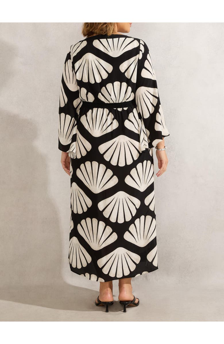 Live Unlimited Shell Print Flared Sleeve V-Neck Dress, Alternate, color, Black