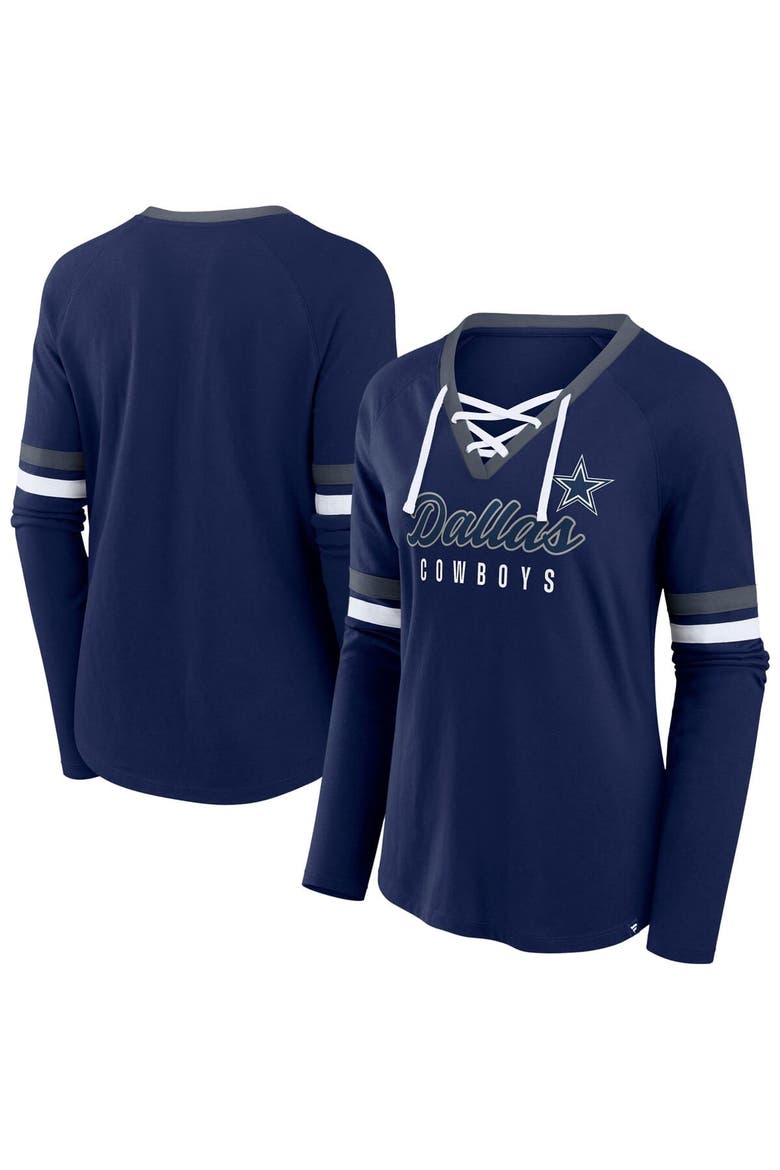 Women's Fanatics Navy Dallas Cowboys Plus Size Won & Done Lace-Up V-Neck Long Sleeve T-Shirt, Main, color, Navy