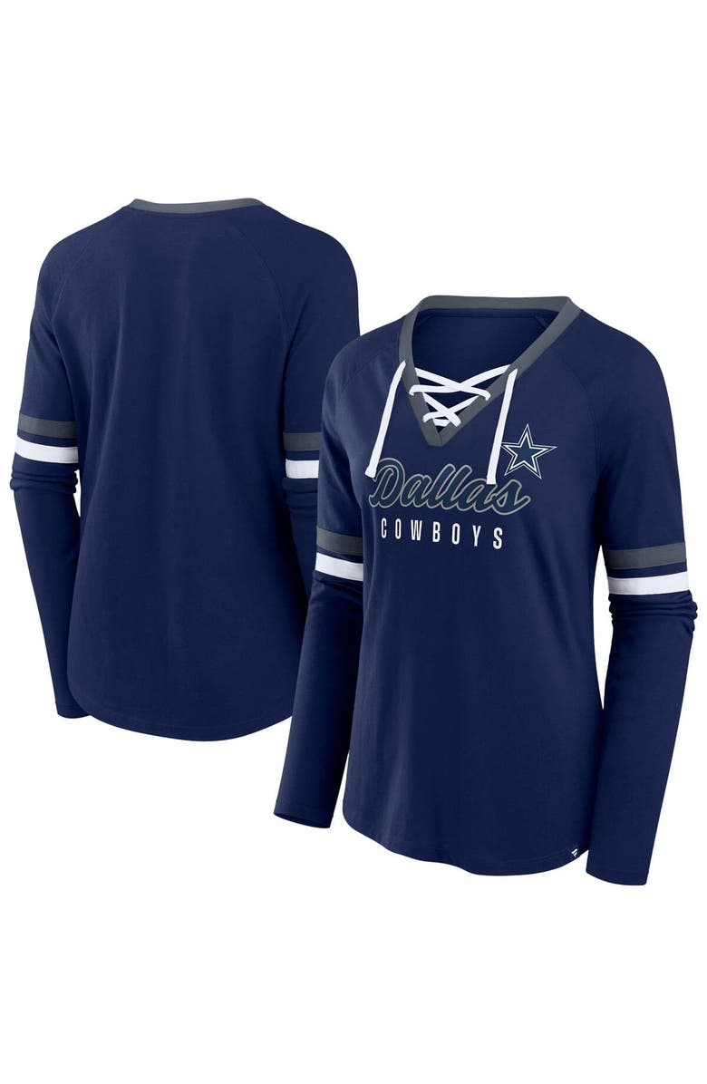 FANATICS Women's Fanatics Navy Dallas Cowboys Plus Size Won & Done Lace-Up V-Neck Long Sleeve T-Shirt, Main, color, Navy