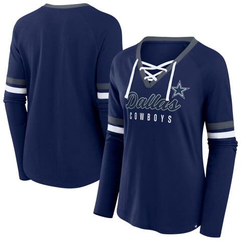 Women's Fanatics Navy Dallas Cowboys Plus Size Won & Done Lace-Up V-Neck Long Sleeve T-Shirt