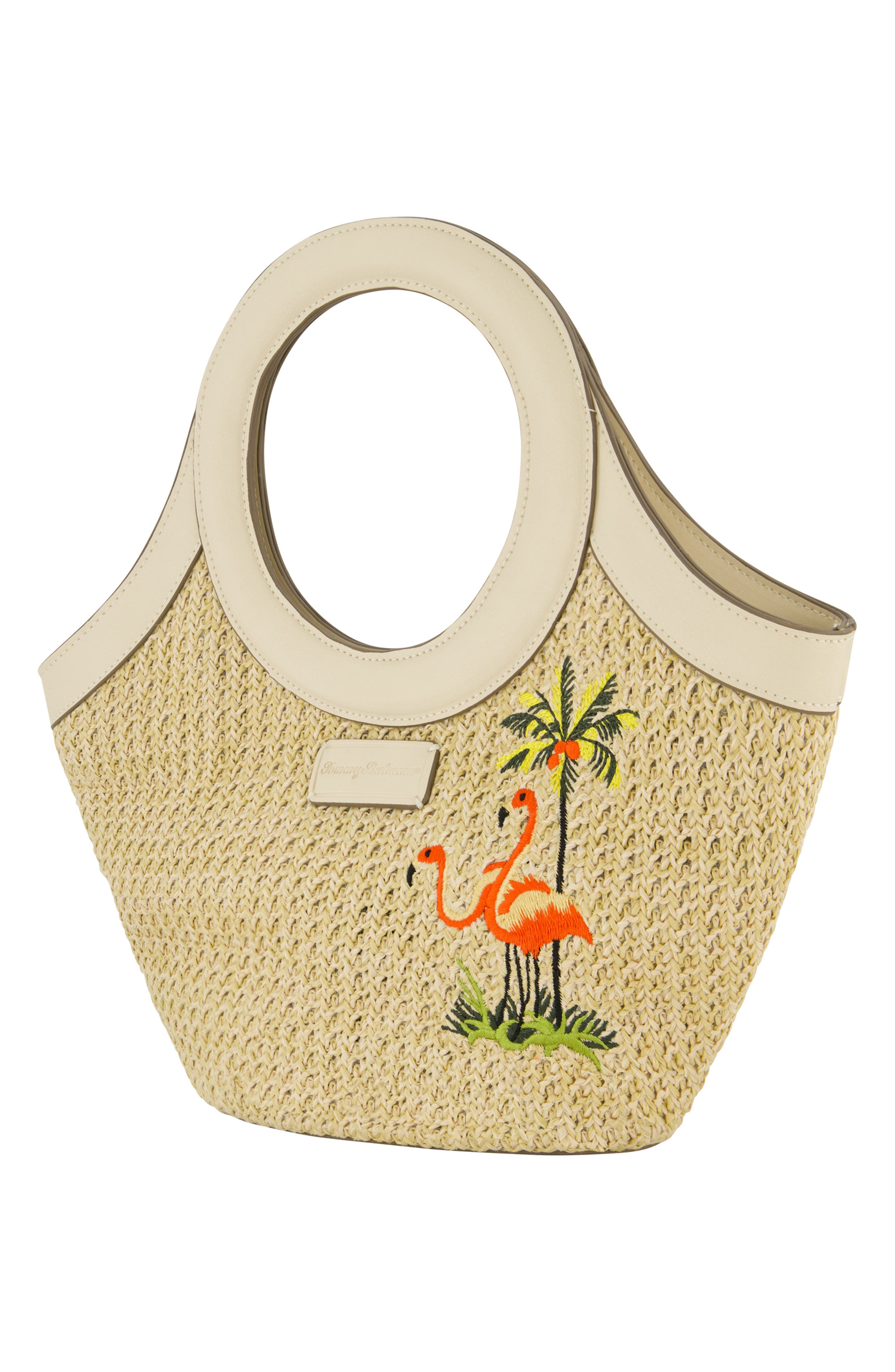 Tommy Bahama Flamingo Embroidered Woven Tote Bag, Alternate, color, Cream
