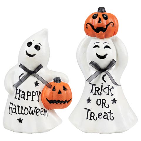 Ghosts with Jack-O-Lanterns "Happy Halloween" and "Trick or Treat" Figurines - 7.75" - Set of 2