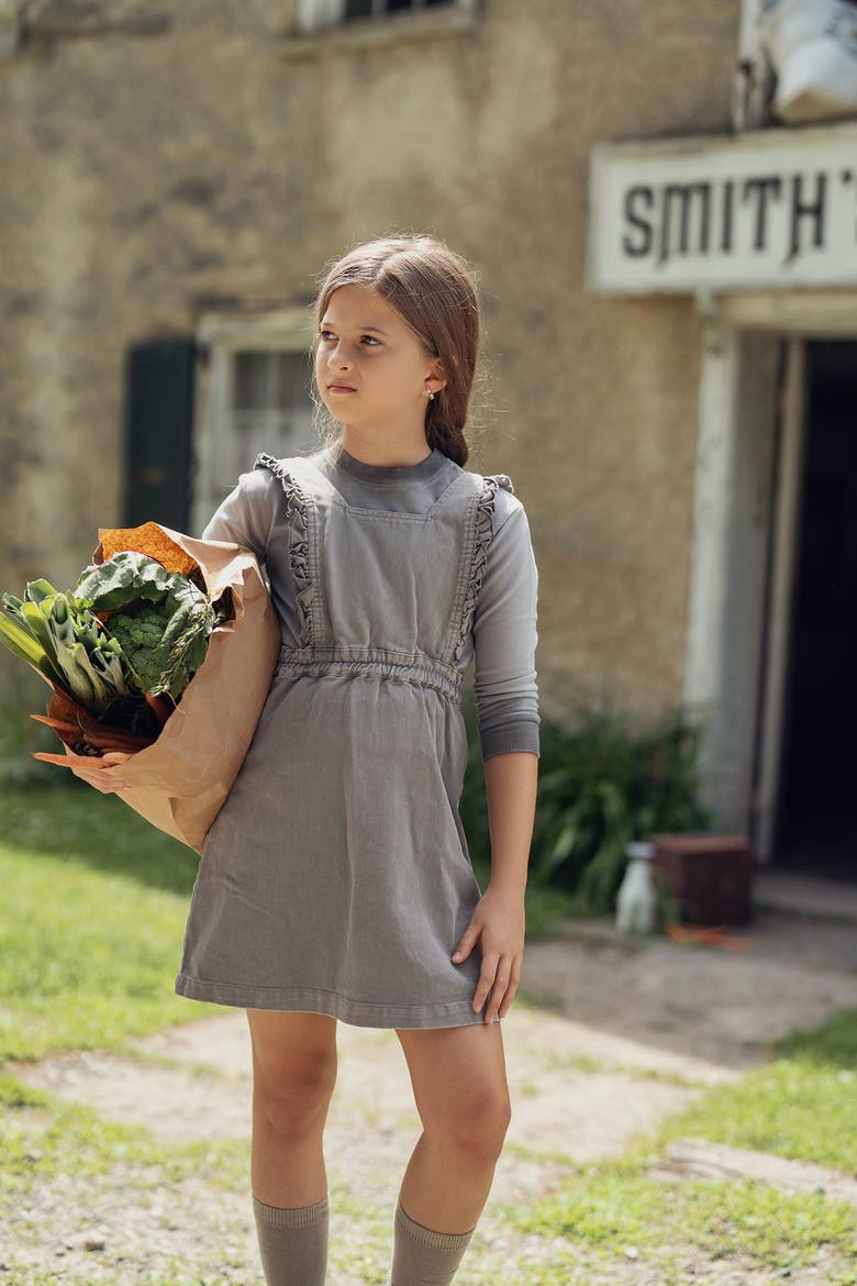 Denim Jumper with Ruffle Trim Straps, Alternate, color, Grey
