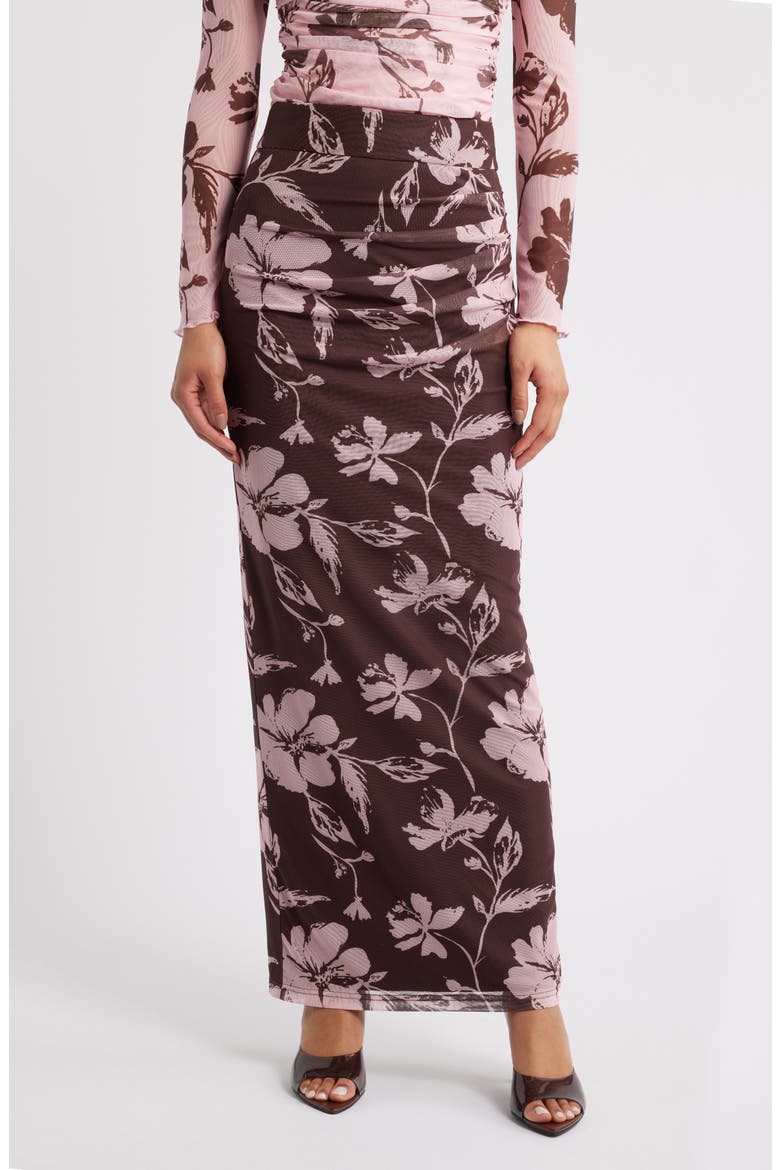 Navida Ruched Mesh Midi Skirt, Main, color, PINK BROWN FLORAL