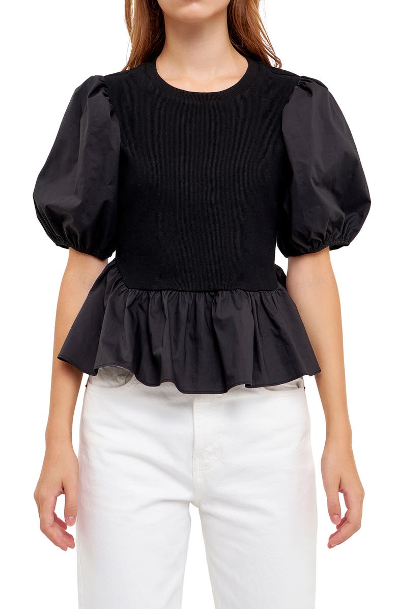 English Factory Mixed Media Puff Sleeve Peplum Top, Alternate, color, 