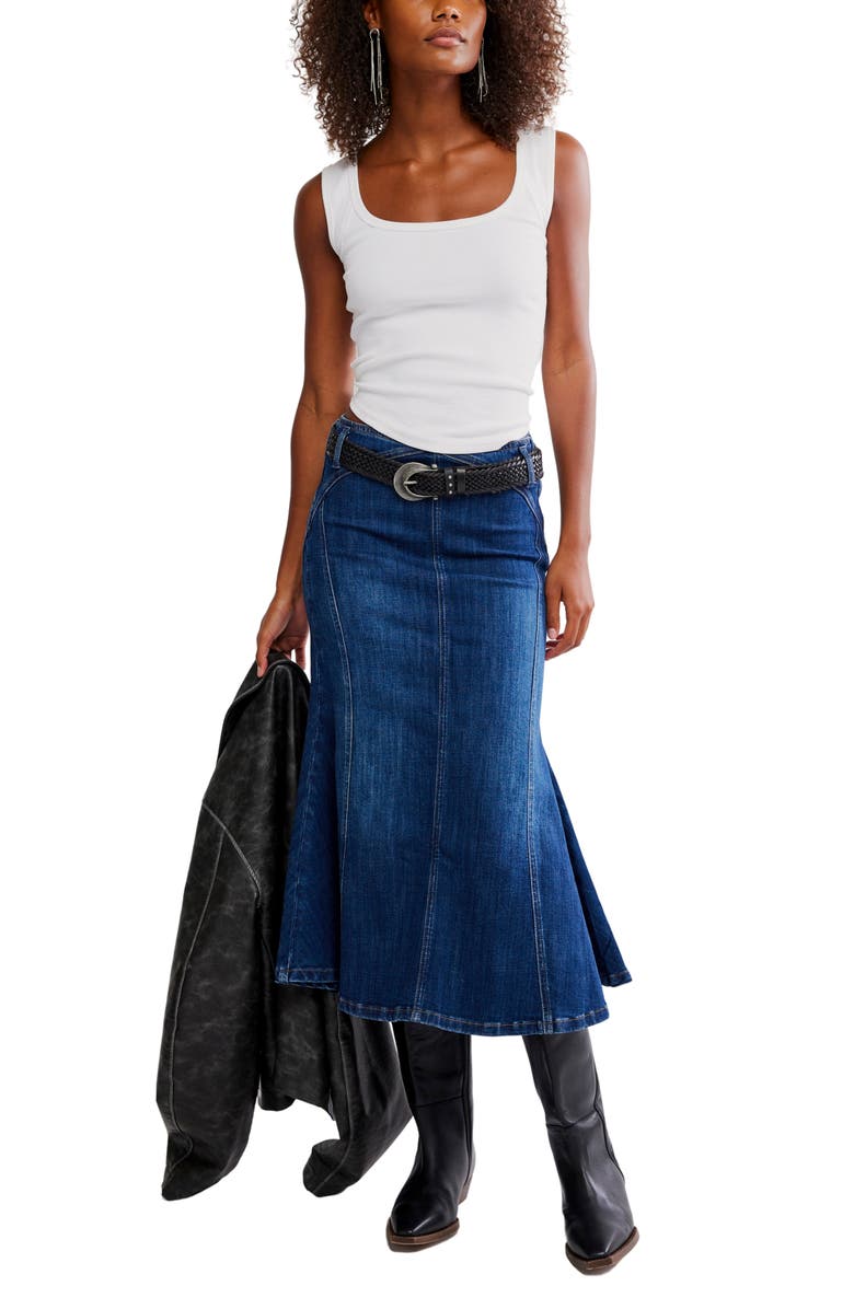 Free People Zia Denim Midi Skirt, Alternate, color, Bad Habits