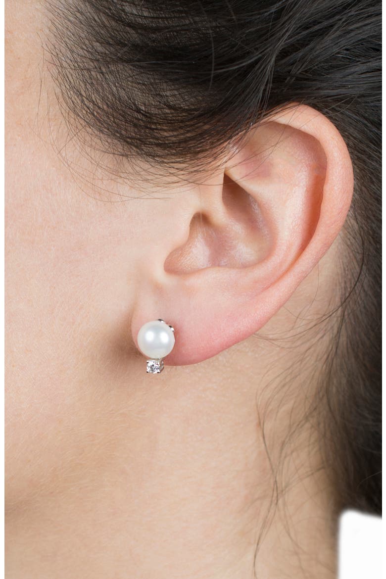 8mm Freshwater Pearl & CZ Stud Earrings, Alternate, color, WHITE/CLEAR/SILVER