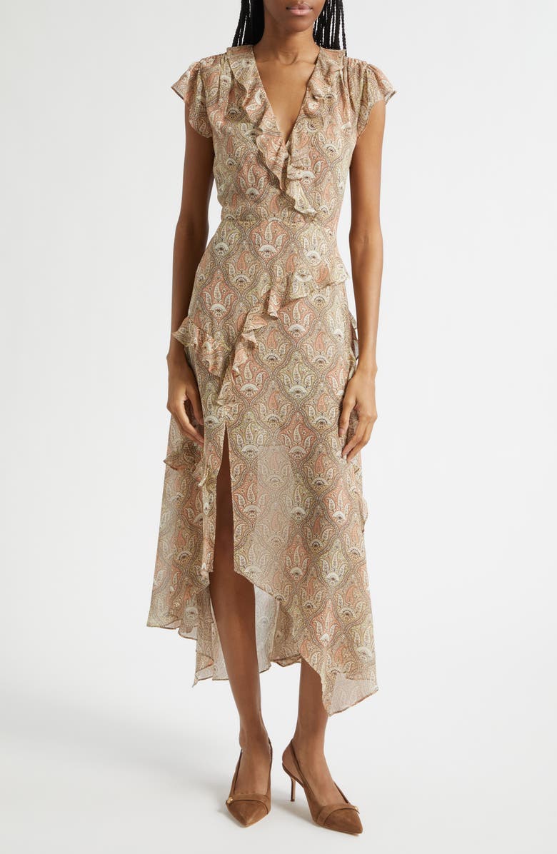 Veronica Beard Avenel Paisley Asymmetric Hem Silk Dress, Main, color, Stone Khaki Multi