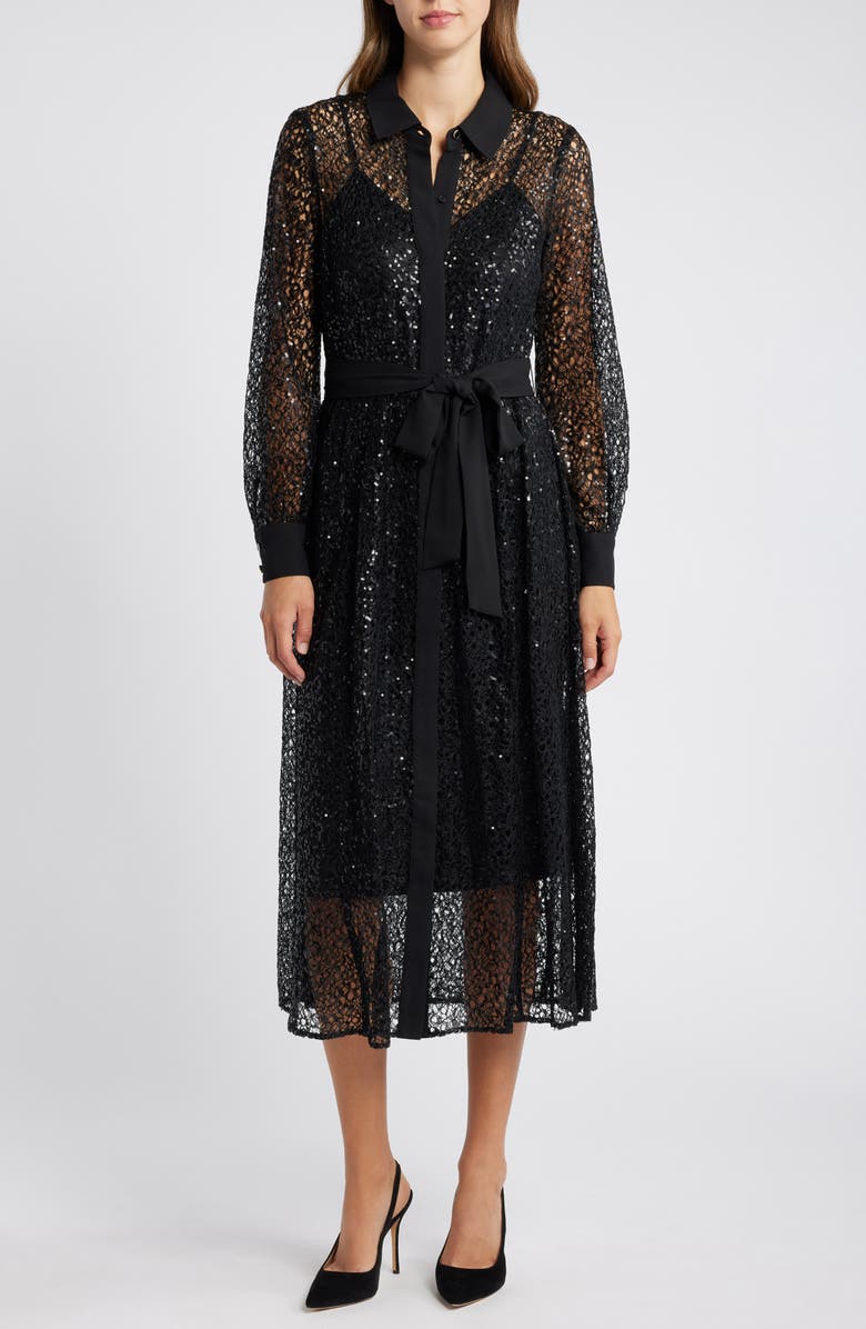 Anne Klein Long Sleeve Sequin Lace Shirtdress, Main, color, 