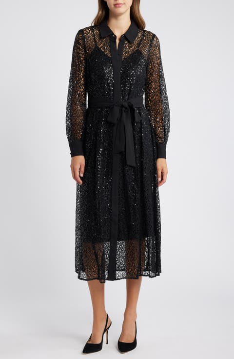 Long Sleeve Sequin Lace Shirtdress