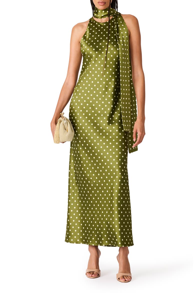 Jaiden Polka Dot Satin Scarf Maxi Dress, Main, color, OLIVE HEATHER