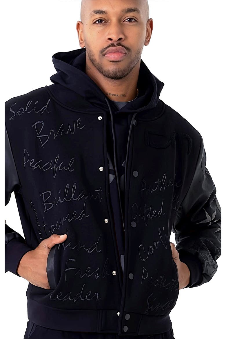 Men's Affirmation Letterman Jacket, Main, color, Black