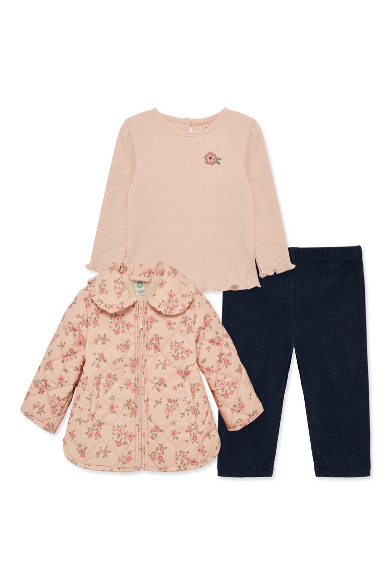 Set of 3 Pink Blossoms Rib Top, Knit Pants & Floral Quilted Jacket, Main, color, PINK