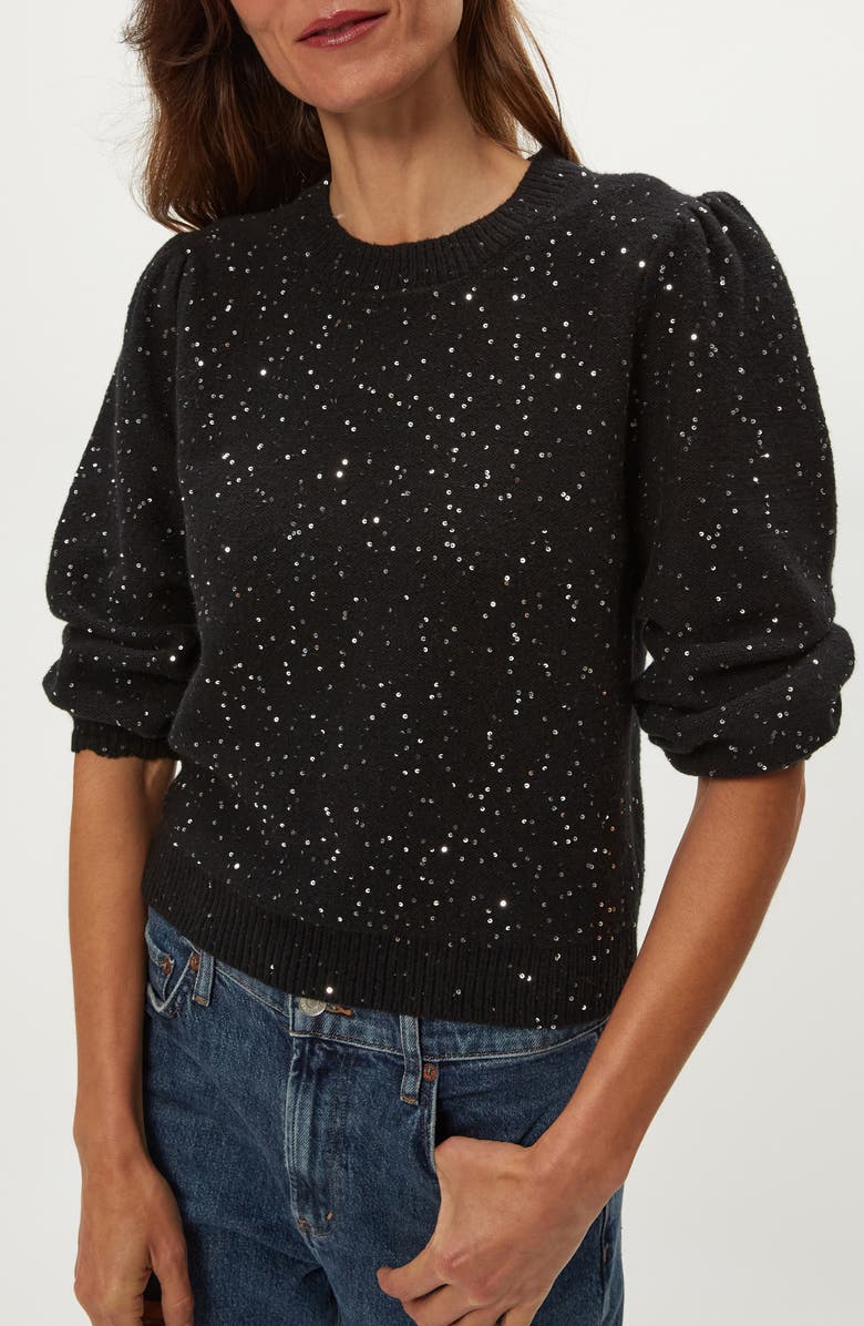 Michael Stars Deanna Sequin Embellished Balloon Sleeve Crewneck Sweater, Main, color, Black