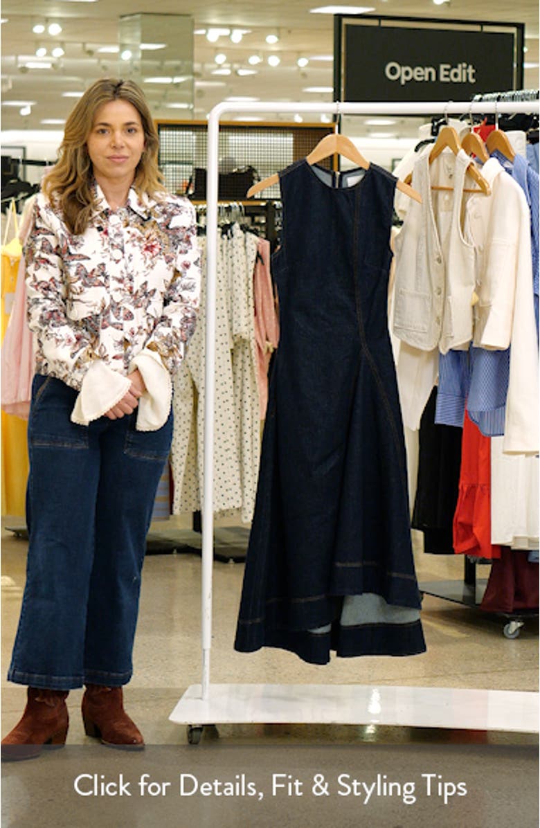 Liberty Asymmetric Sleeveless Stretch Organic Cotton Denim Midi Dress, sales video thumbnail