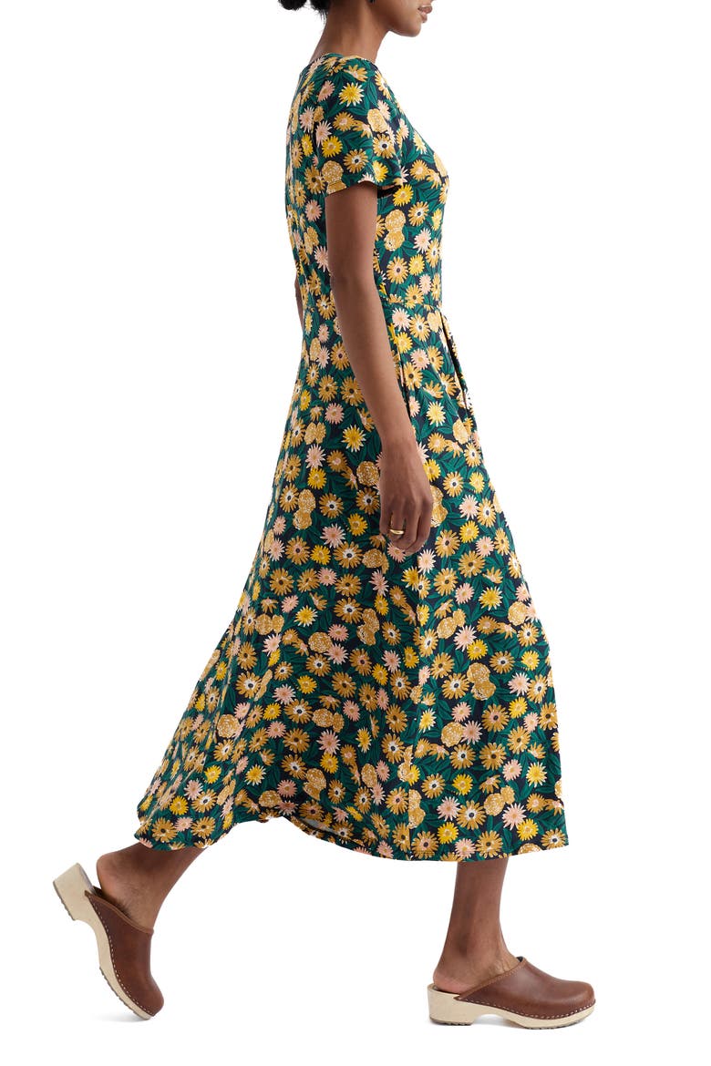 Veronica Floral Stretch Organic Cotton Midi Dress, Alternate, color, MARIGOLD MEADOW INKWELL