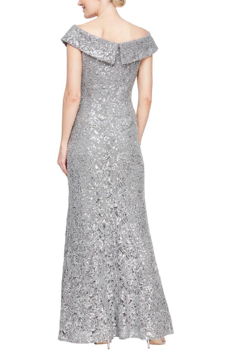 Alex Evenings Floral Embroidered Sequin Off the Shoulder Gown, Alternate, color, Pewter