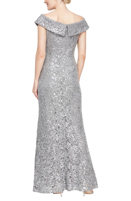 Alex Evenings Sequin Corded Lace Off The Shoulder Gown In Pewter