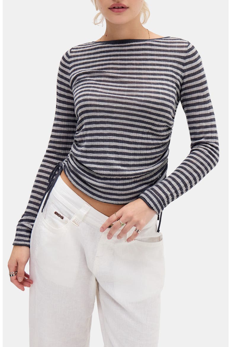 Stripe Side Ruched Sheer Knit Top, Main, color, GREY