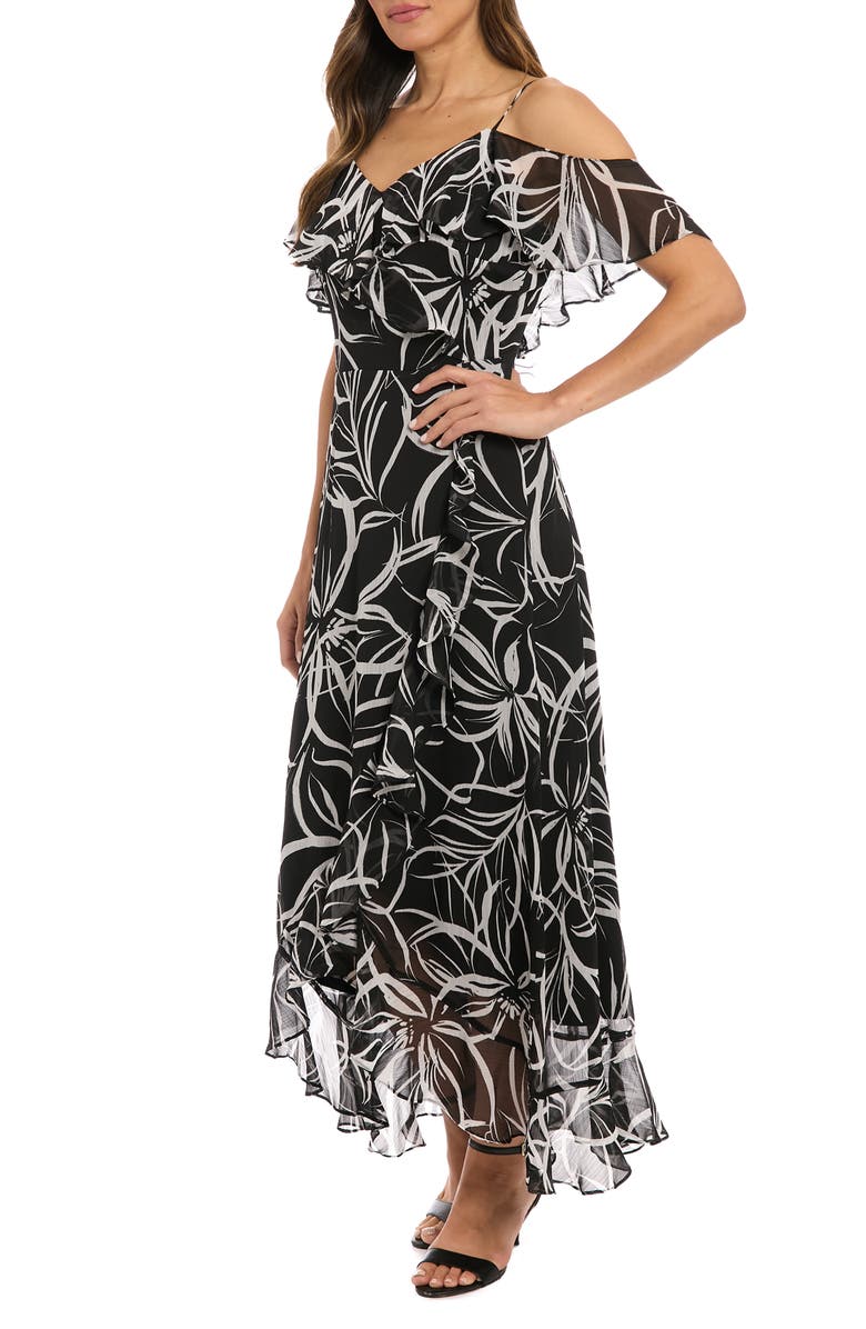 London Times Cold Shoulder Ruffle Faux Wrap Dress, Alternate, color, Black/ White