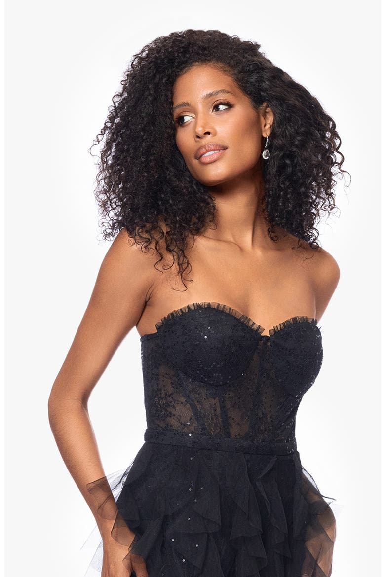 Sequin Lace Strapless Gown, Alternate, color, BLACK