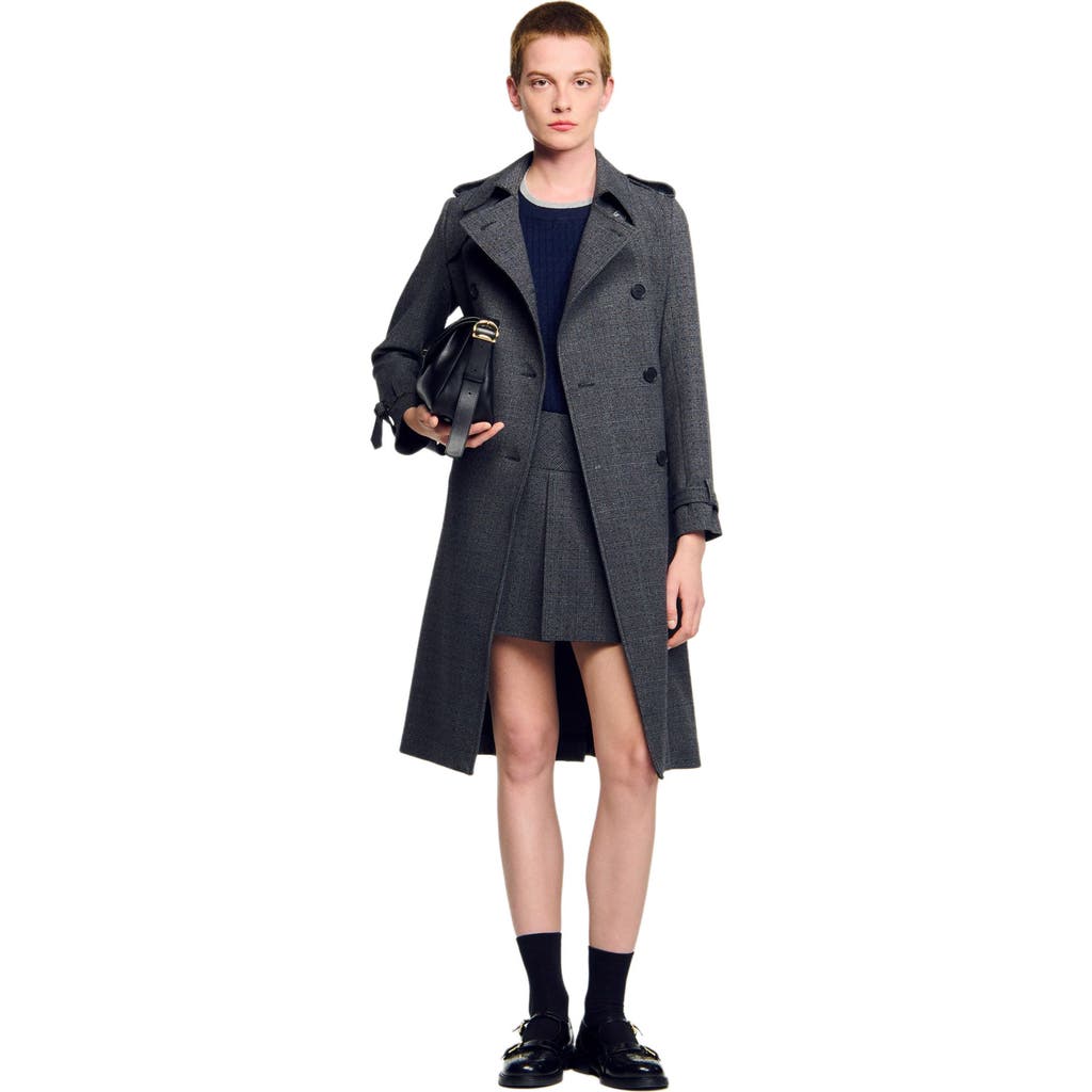 Sandro Rhinestone-embellished Check Trench Coat In Multi